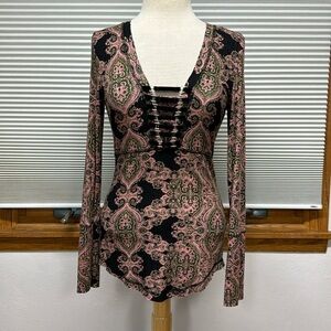 William Rast Adeline Black Pink Green Velvet Henley Strap Long Sleeve Top